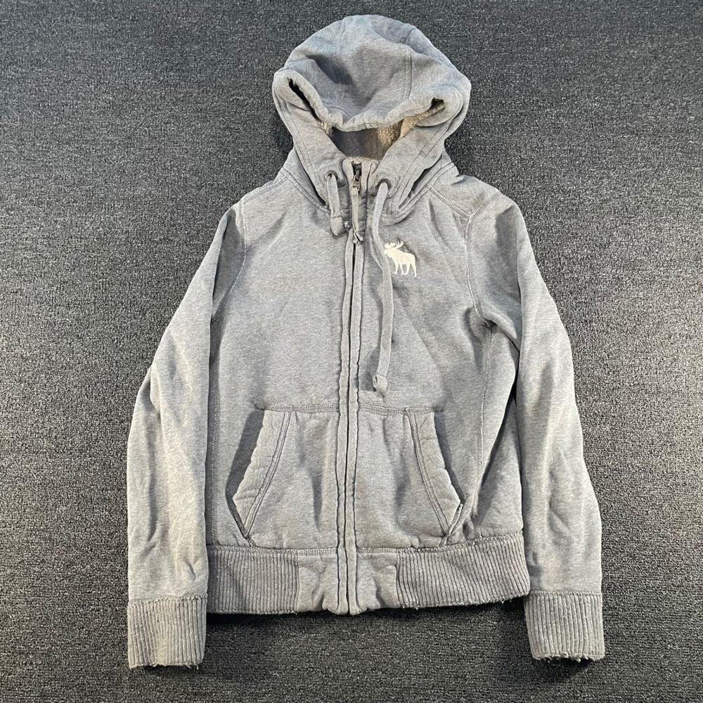 Abercrombie & Fitch Sherpa Lined Hoodie Mens Small Grey Good Distressed Logo Zip